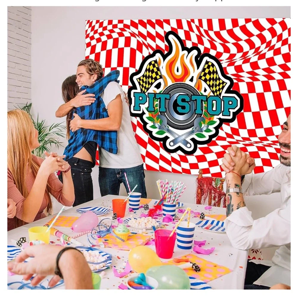 Pit Stop Race Theme kit ,Backdrop,4 x 6, 6- tire ballons, 4- tablecloths